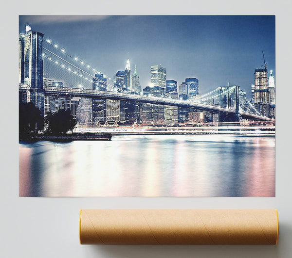 Brooklyn Bridge At Night Pink Waters