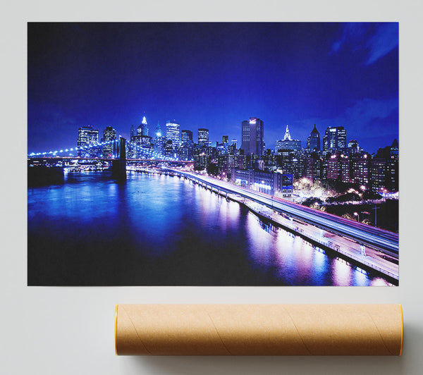 New York City Brooklyn Bridge Ariel Night View