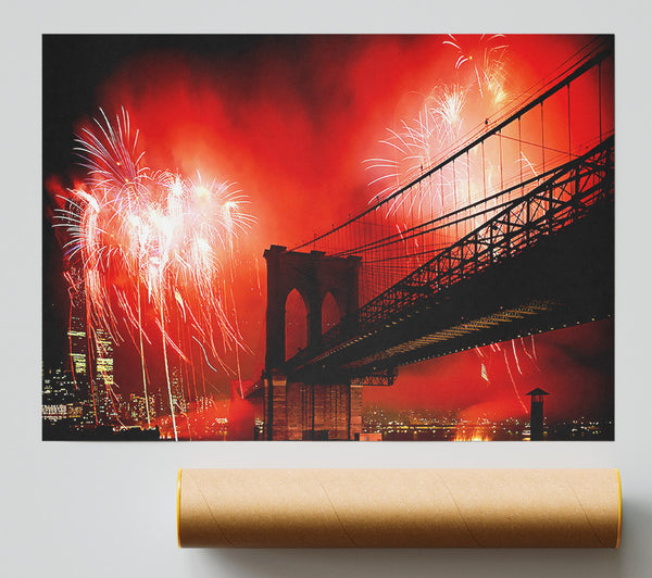 New York City Brooklyn Bridge Fireworks Red