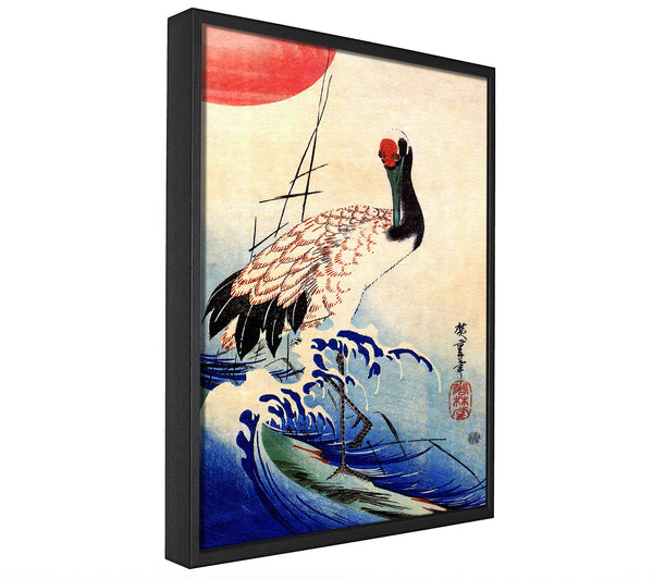 A picture of a Hiroshige Crane And Rising Sun framed canvas print sold by Wallart-Direct.co.uk