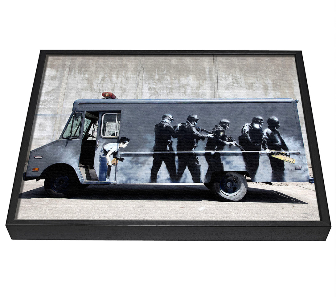 A picture of a Banksy Swat Truck framed canvas print sold by Wallart-Direct.co.uk