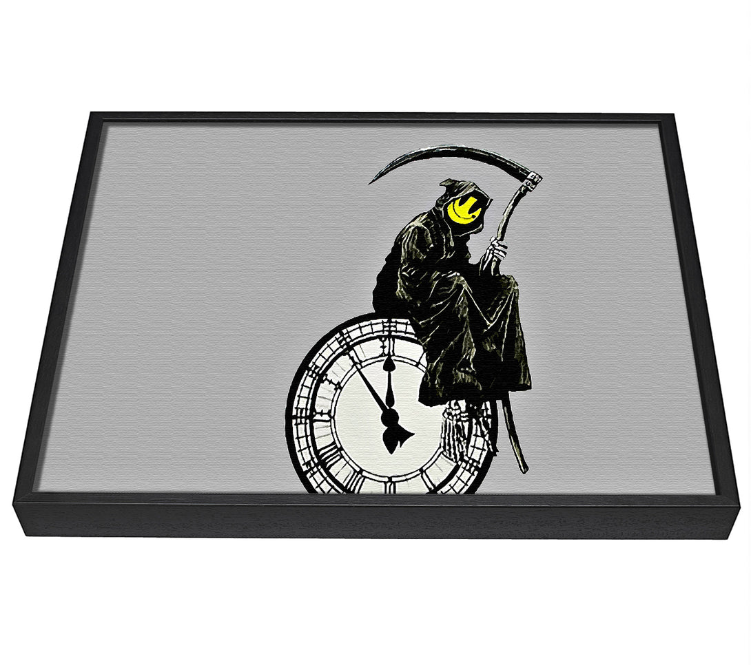 A picture of a Smiley Face Reaper Times Up framed canvas print sold by Wallart-Direct.co.uk