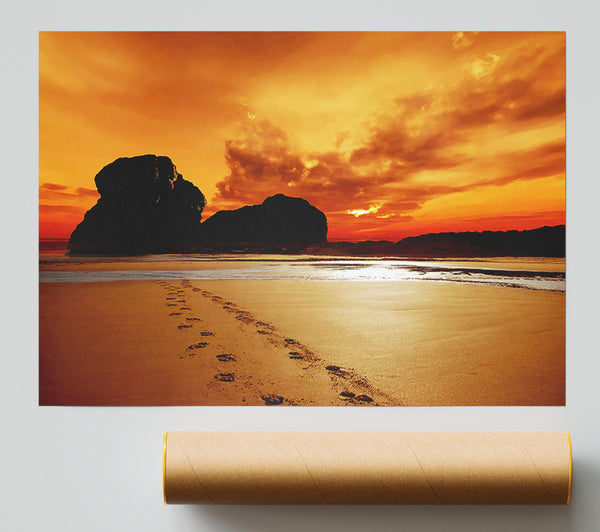 Footprints In The Orange Ocean Sand