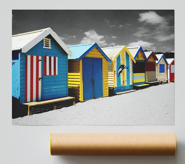 Colourful Beach Huts On B N W