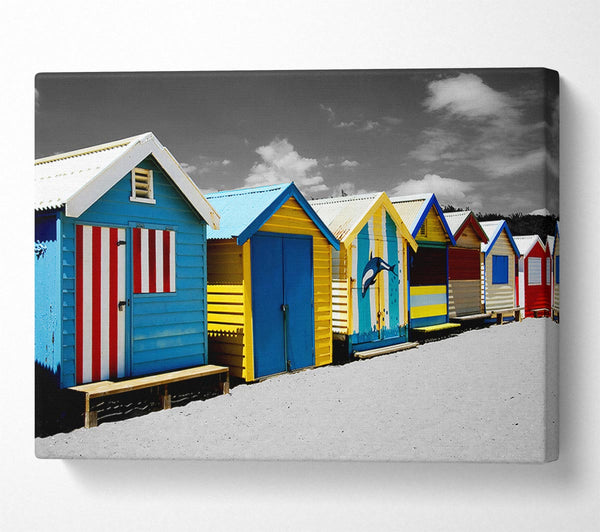 Colourful Beach Huts On B n W