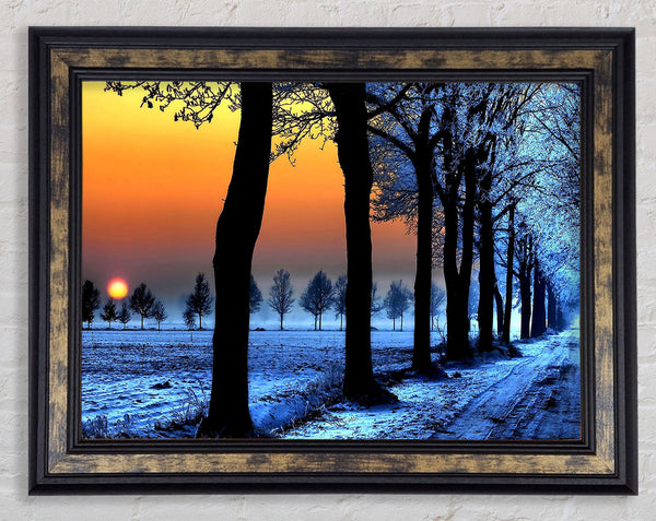 Winter Landscape With Orange Sky