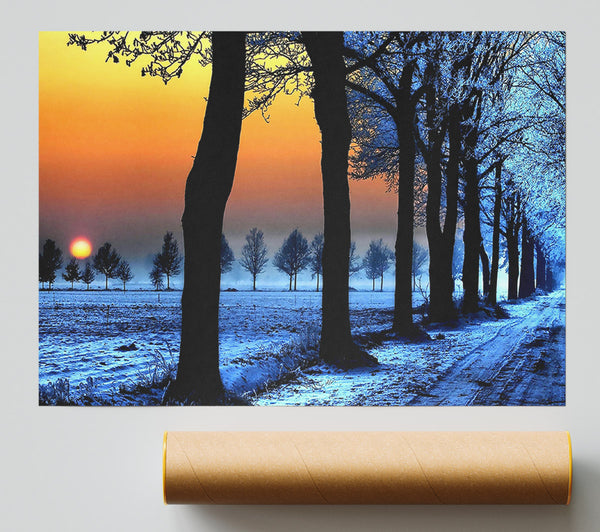 Winter Landscape With Orange Sky