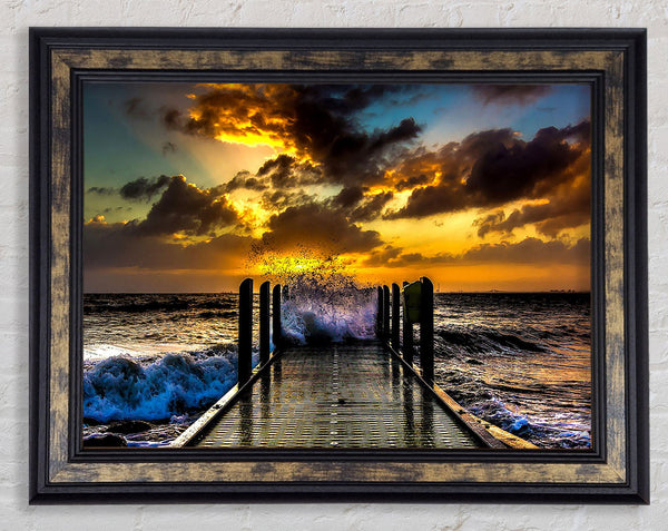 Waves Crashing On The Pier At Sunset