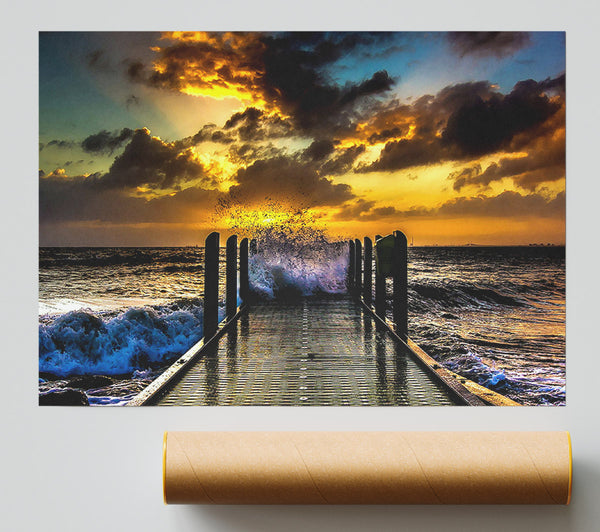 Waves Crashing On The Pier At Sunset