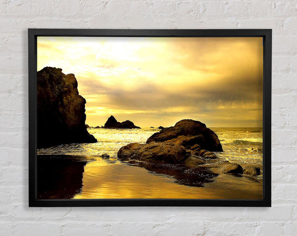 Rocky Beach At Yellow Dawn