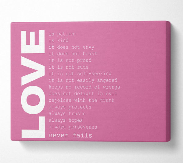 Love Quote Love Never Fails Pink