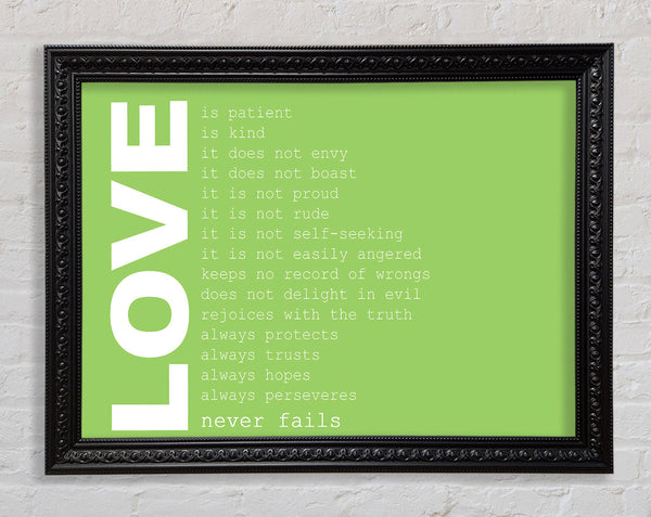 Love Quote Love Never Fails Lime Green