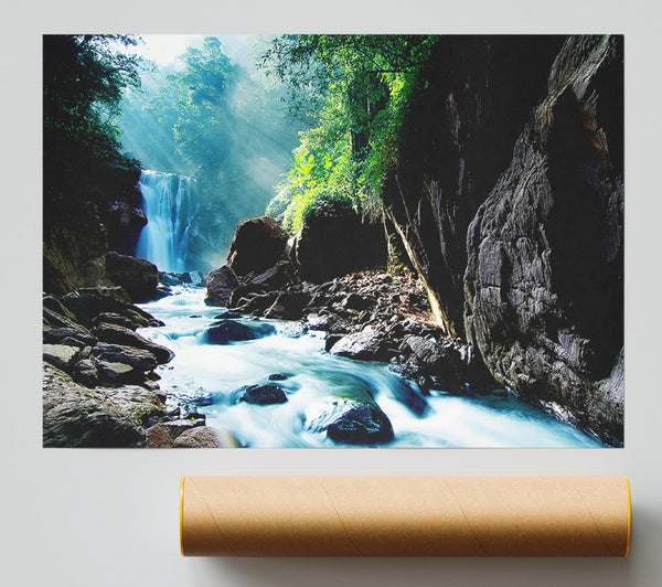 Sunbeams Over The Mountain Waterfall