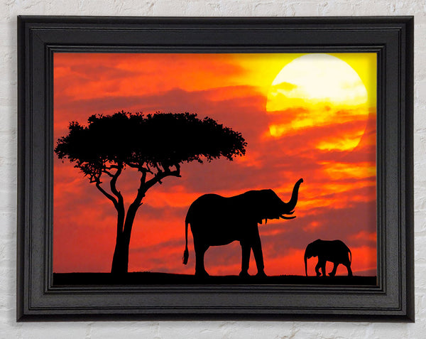 Mother And Baby Elephant Silhouetted At Sunrise Kenya