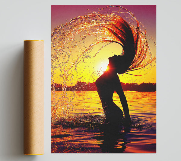 Sunset Woman Ocean Splash