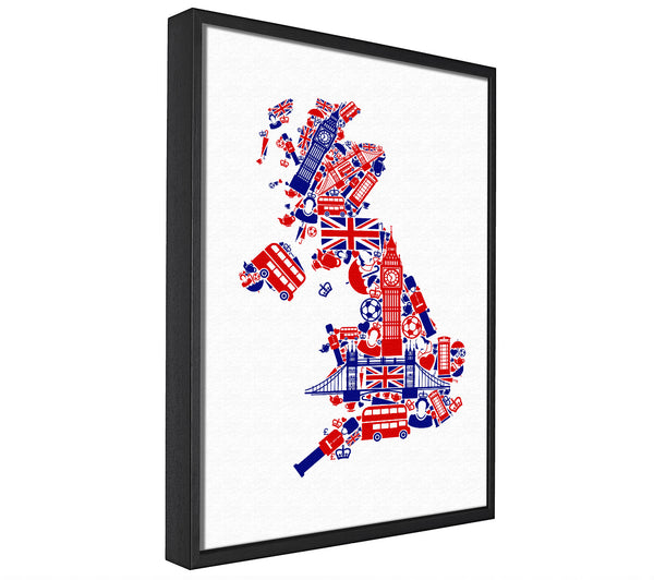 A picture of a London Icons In The Shape Of The UK framed canvas print sold by Wallart-Direct.co.uk