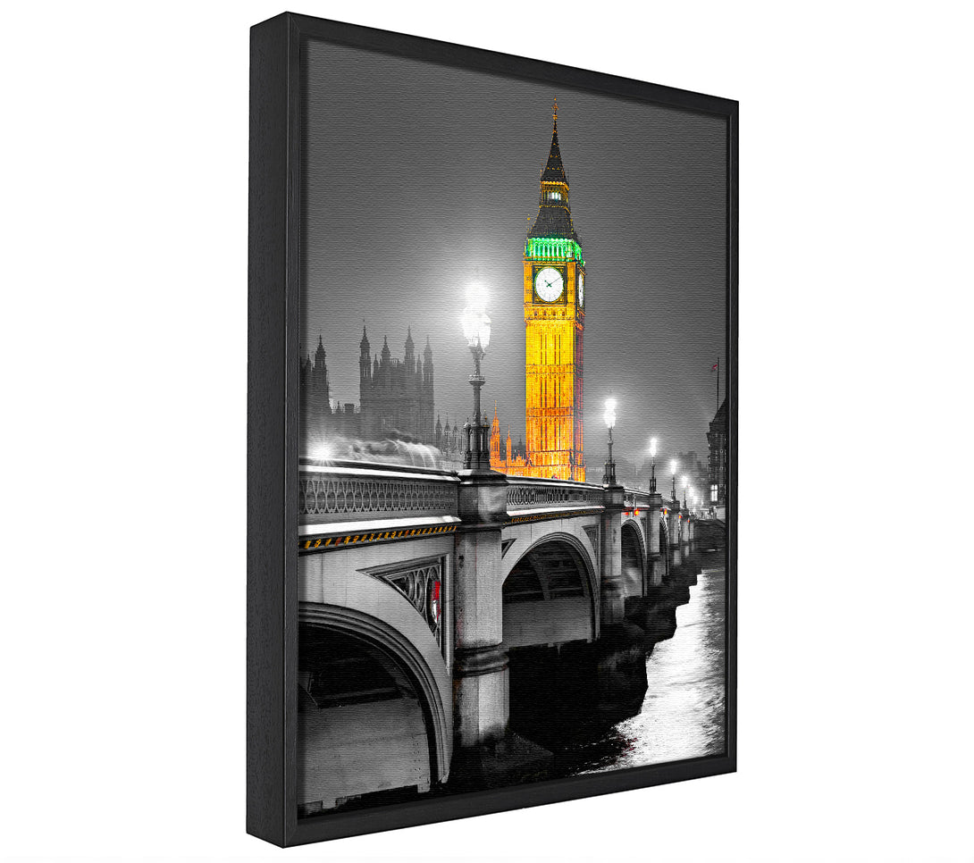 A picture of a Golden Big Ben Over Tower Bridge framed canvas print sold by Wallart-Direct.co.uk