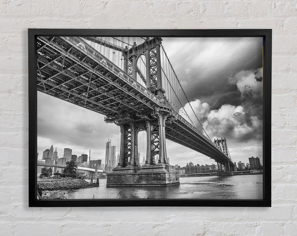 NYC black and white bridge under clouds