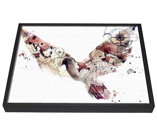 A picture of a Dove in flight watercolour maps framed canvas print sold by Wallart-Direct.co.uk