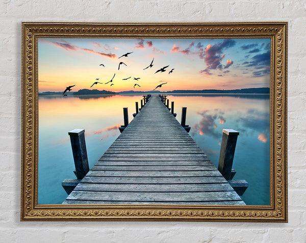 Bridge into the lake and seagulls