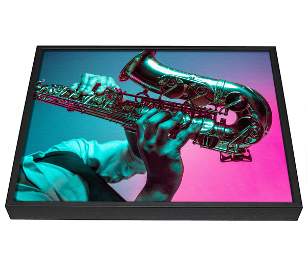 A picture of a Saxaphone player fade framed canvas print sold by Wallart-Direct.co.uk