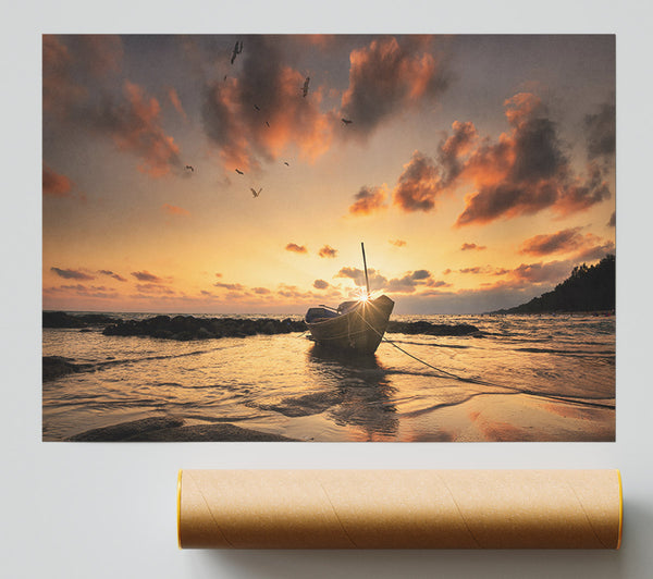 Sunset Finishing Boat On The Beach