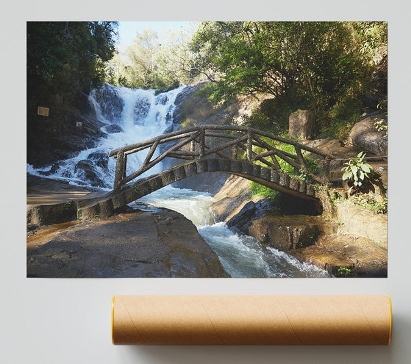 Rustic Made Bridge By A Waterfall