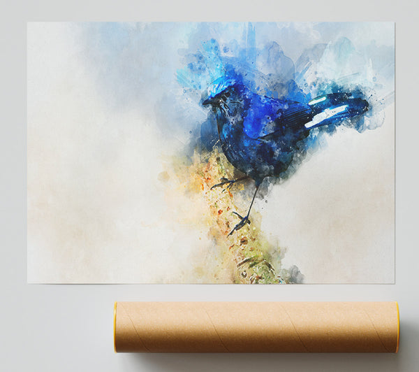 Blue Watercolour Bird On Branch