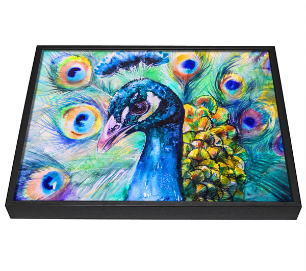 A picture of a Vibrant Watercolour Peacock framed canvas print sold by Wallart-Direct.co.uk