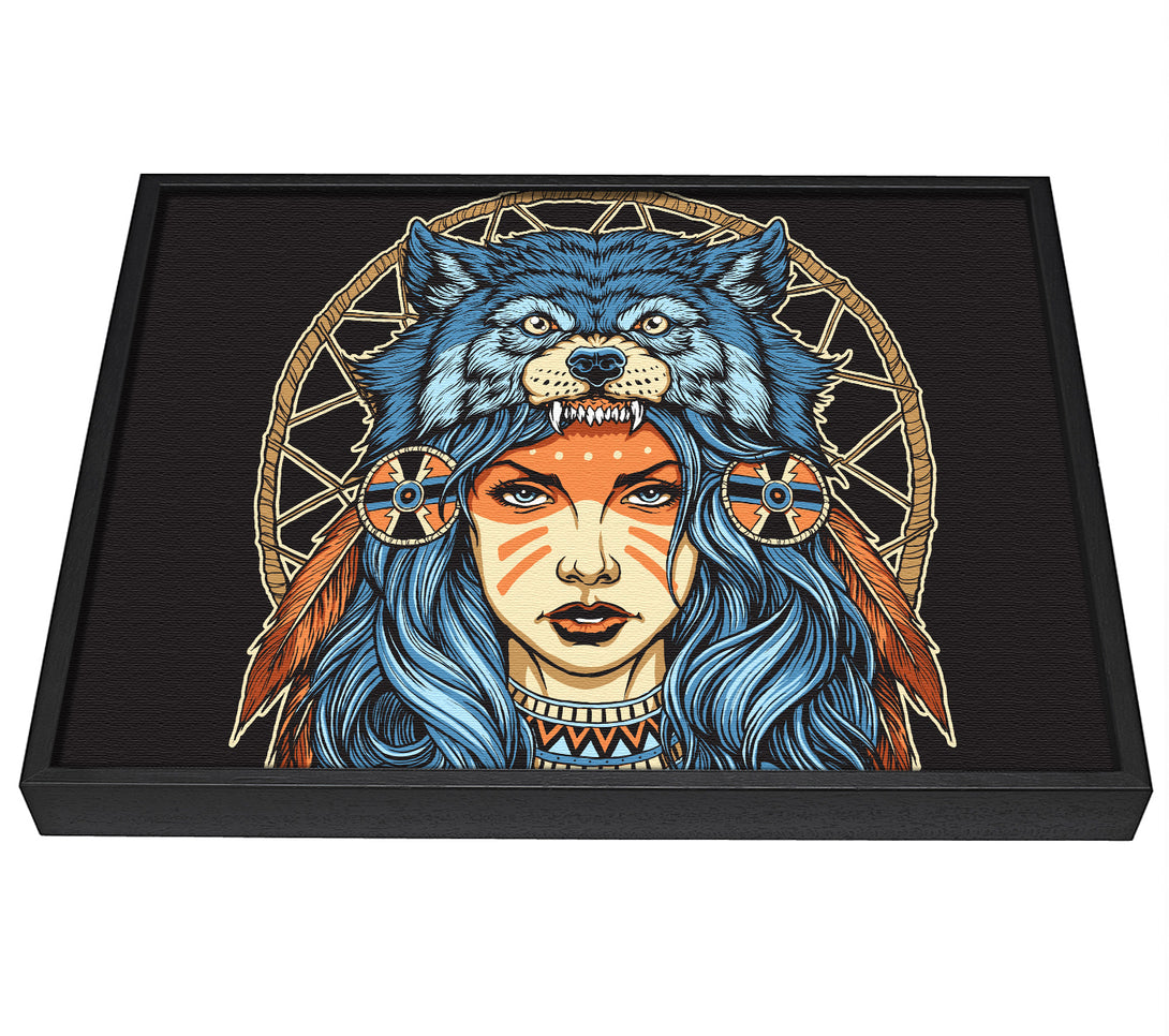 A picture of a Wolf Head Woman framed canvas print sold by Wallart-Direct.co.uk