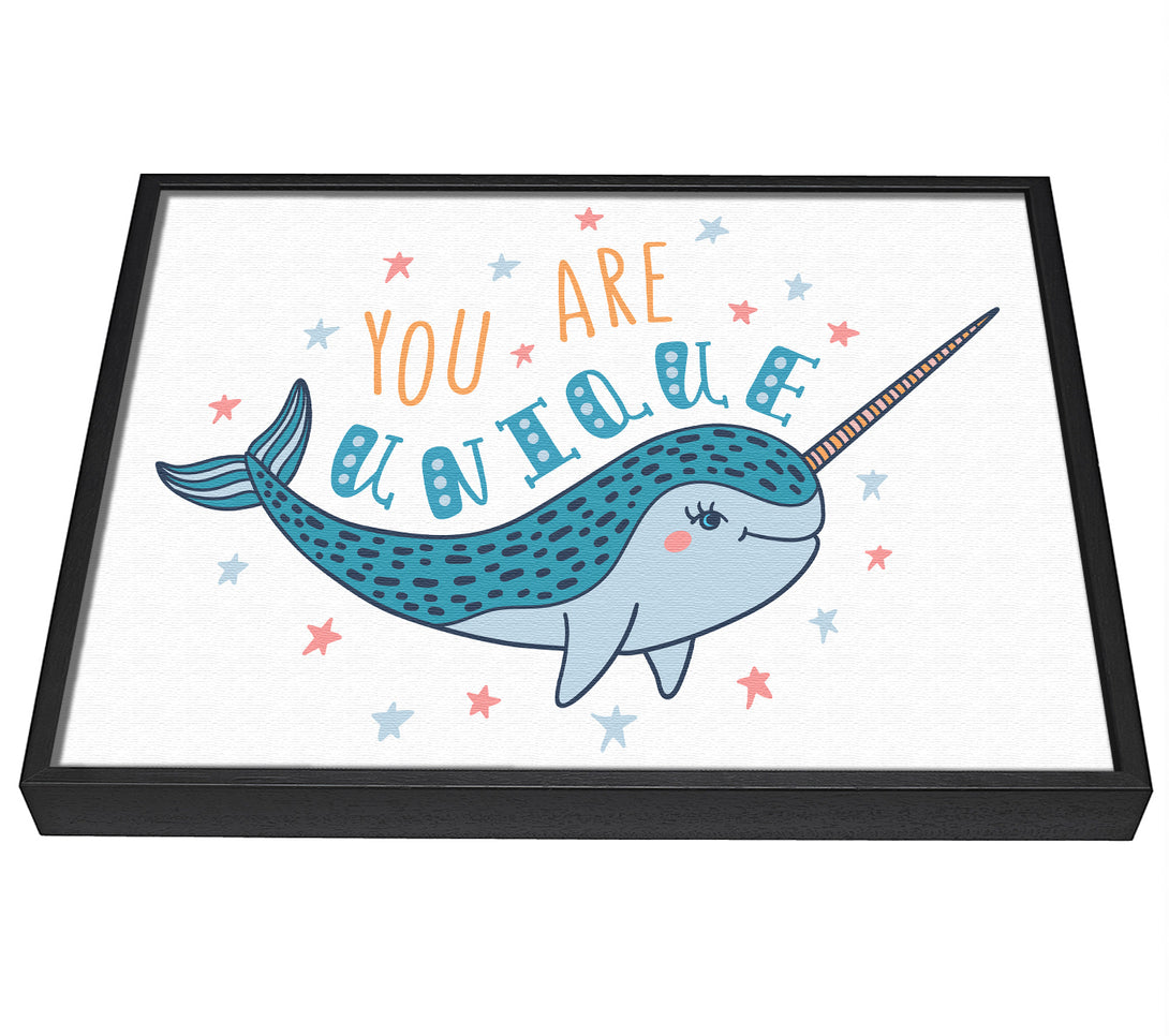 A picture of a You Are Unique Narwhal framed canvas print sold by Wallart-Direct.co.uk