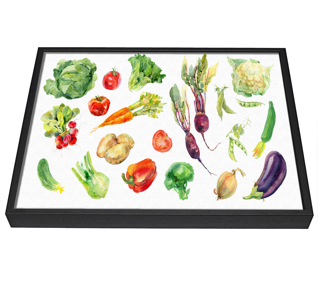 A picture of a Selection Of Watercolour Vegetables framed canvas print sold by Wallart-Direct.co.uk