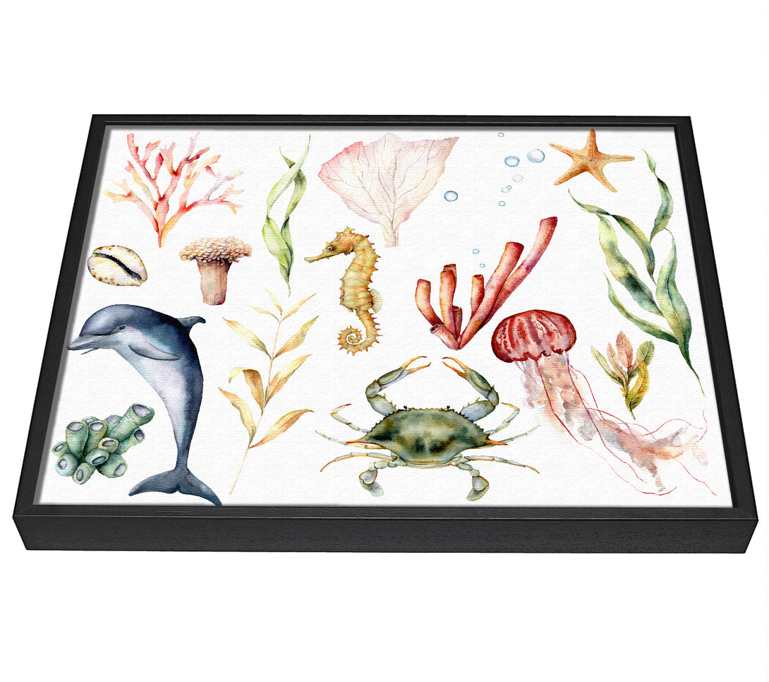 A picture of a Water Colour Sea Creatures framed canvas print sold by Wallart-Direct.co.uk