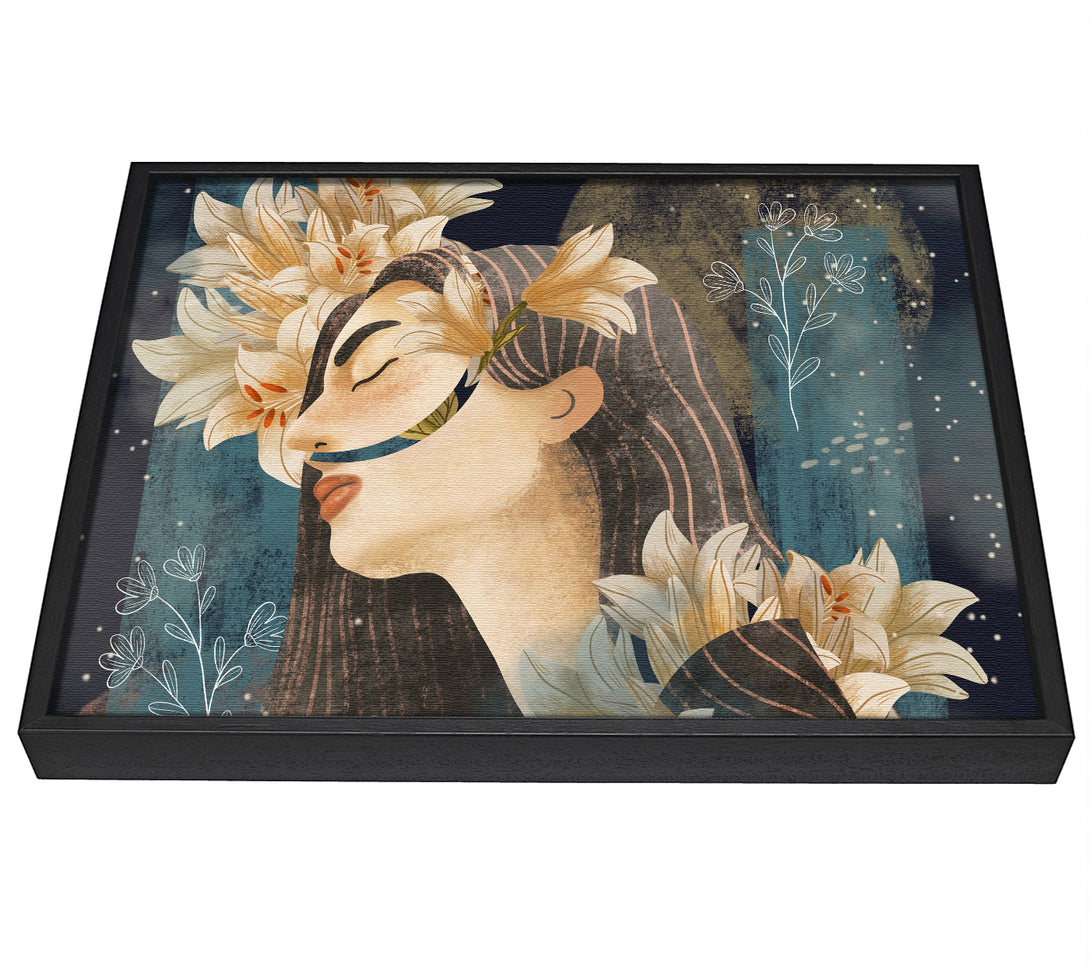 A picture of a Cream Flowers Woman framed canvas print sold by Wallart-Direct.co.uk