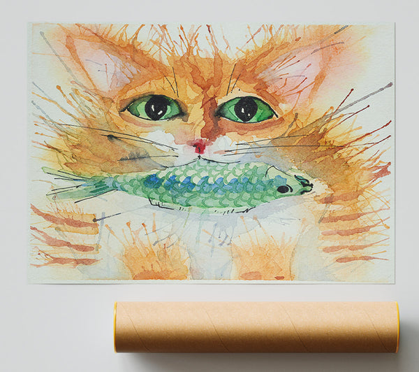 Watercolour Cat With Fish