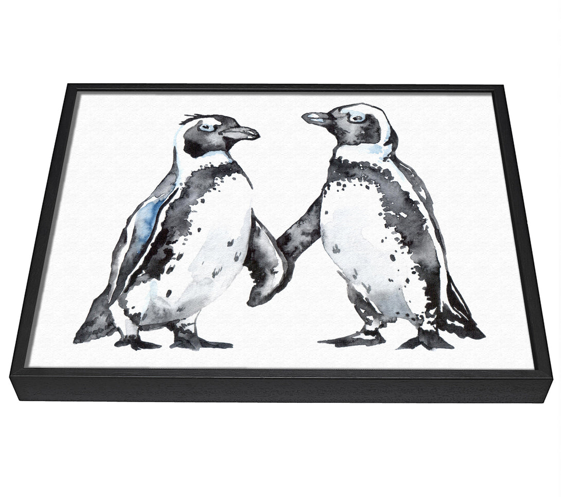 A picture of a Two Penguins Shaking framed canvas print sold by Wallart-Direct.co.uk