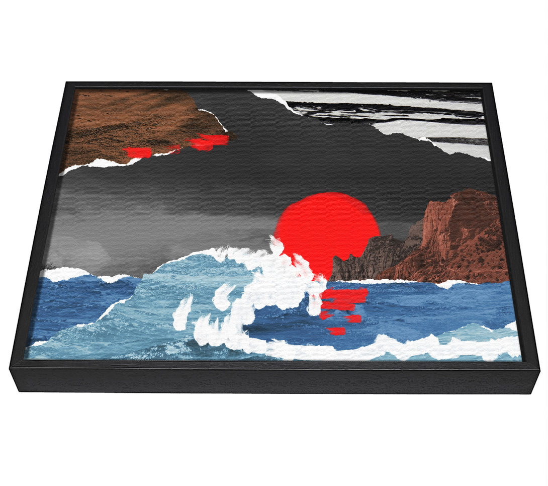 A picture of a Cut Out Mountain Ocean Red Sun framed canvas print sold by Wallart-Direct.co.uk