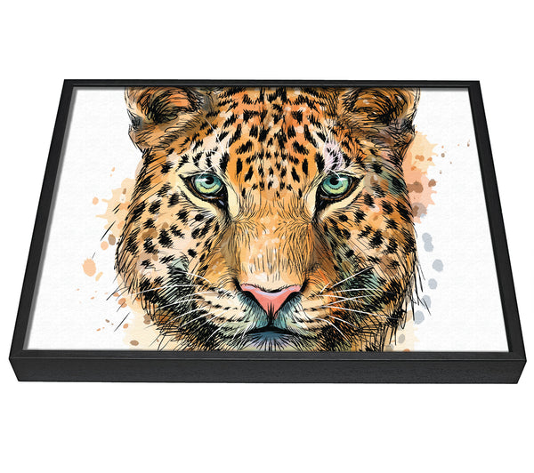 A picture of a Leopard Face Watercolour framed canvas print sold by Wallart-Direct.co.uk