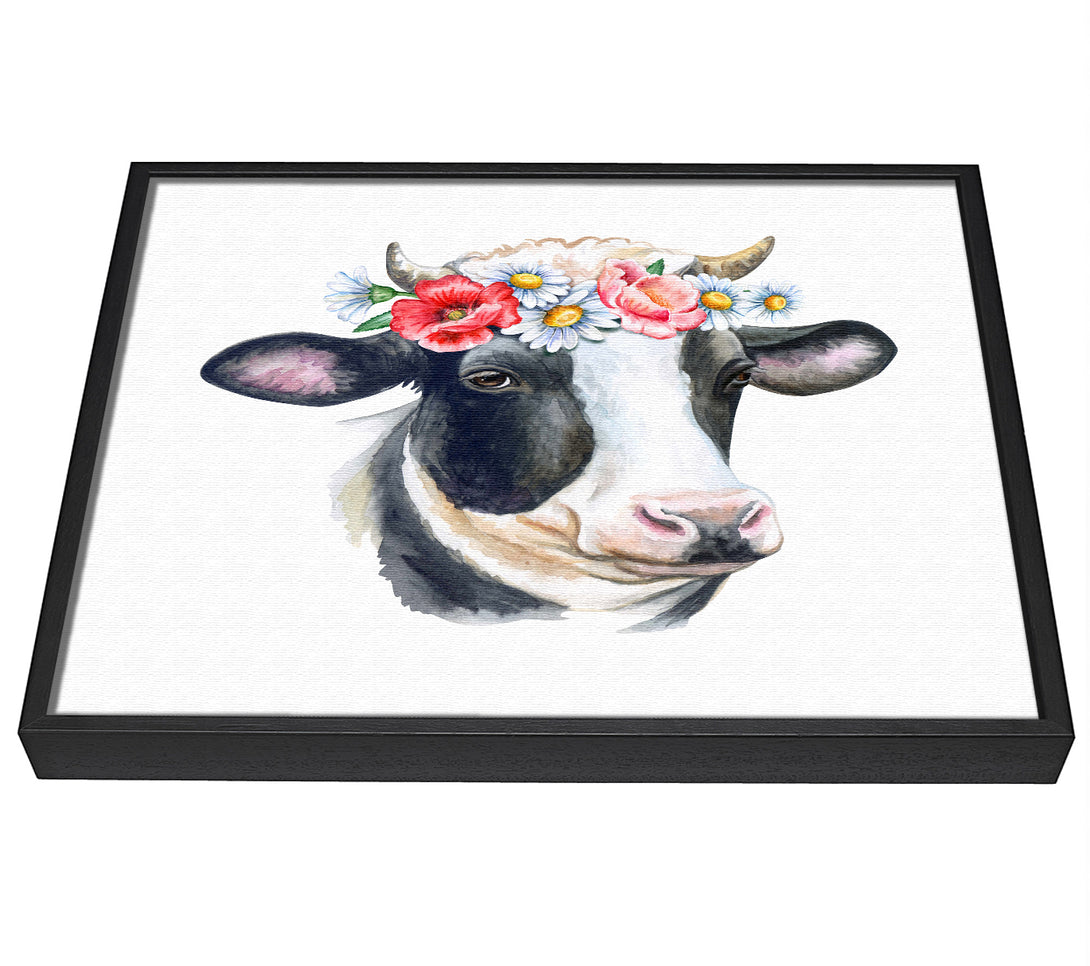 A picture of a Flower Girl Cow framed canvas print sold by Wallart-Direct.co.uk