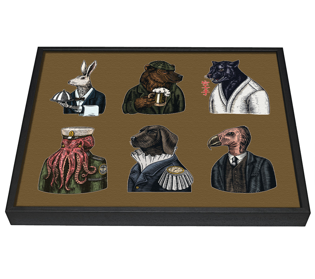 A picture of a Six Vintage Animal People framed canvas print sold by Wallart-Direct.co.uk