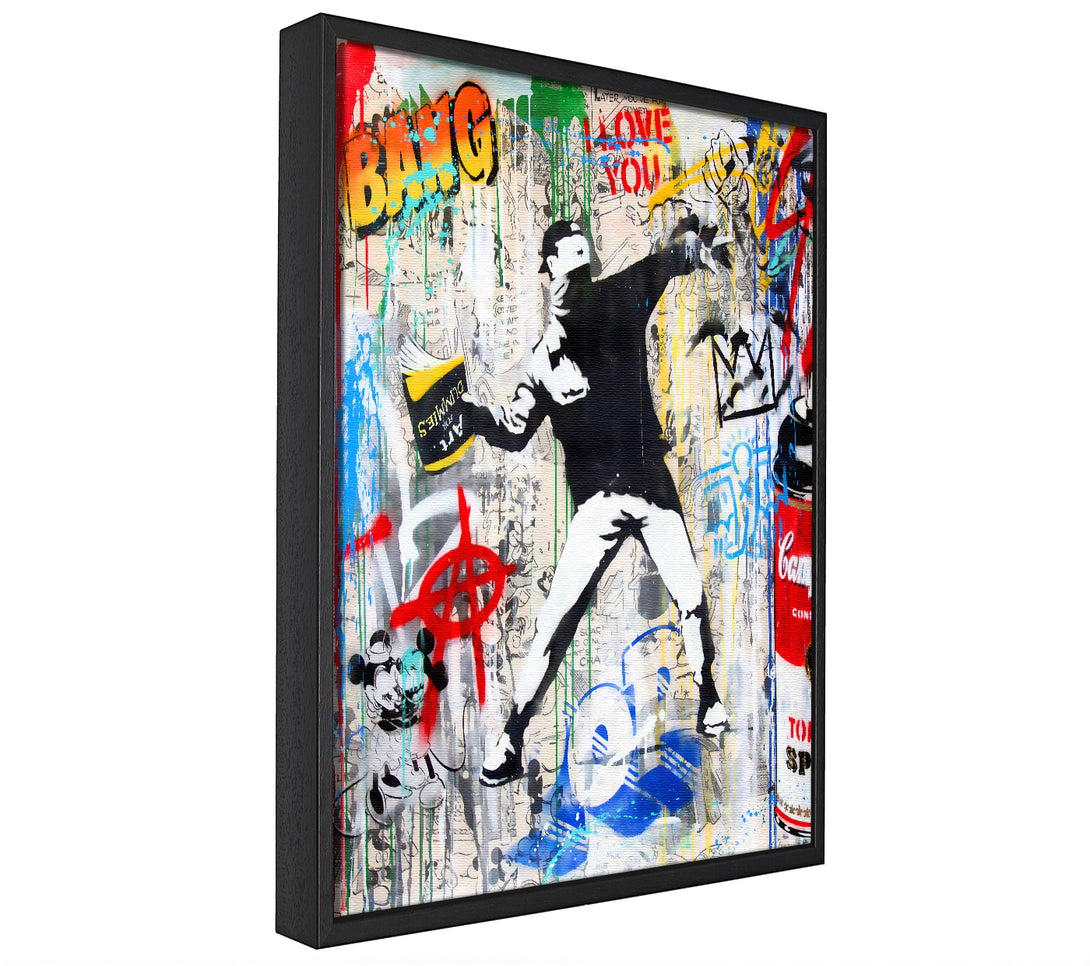 A picture of a Banksy Flower Thrower Man canvas framed print, sold by Wallart-Direct.co.uk