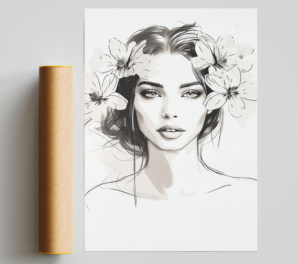 Beauty Woman Flowers Sketch Line Art