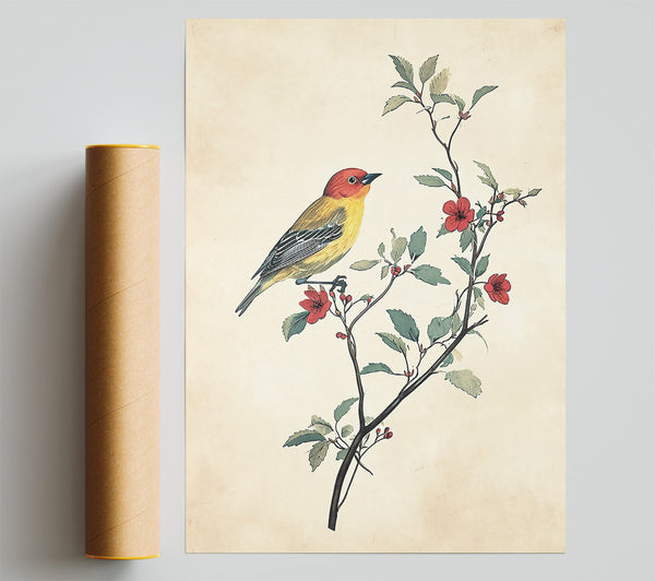 Yellow Bird On Red Bloom