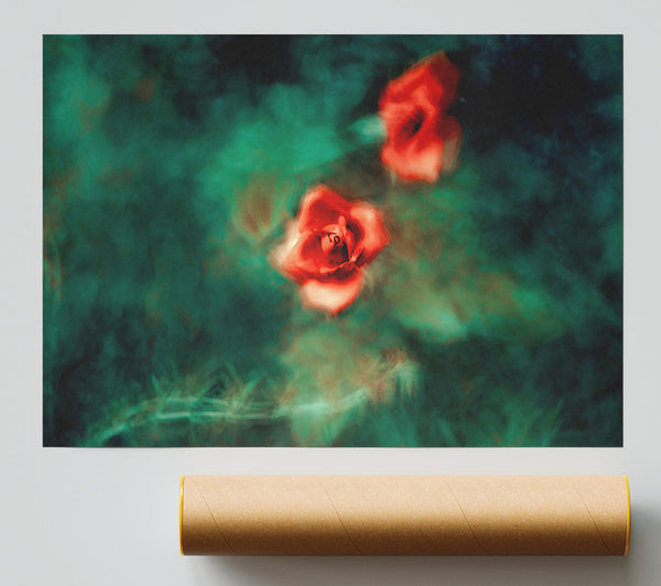 Red Roses In Teal Mist