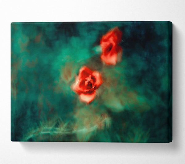 Red Roses In Teal Mist