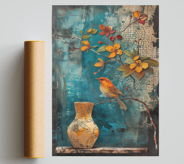 Teal Bird And Vase