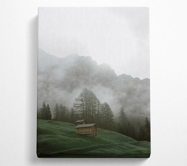 Green Foggy Mountainside Cabins