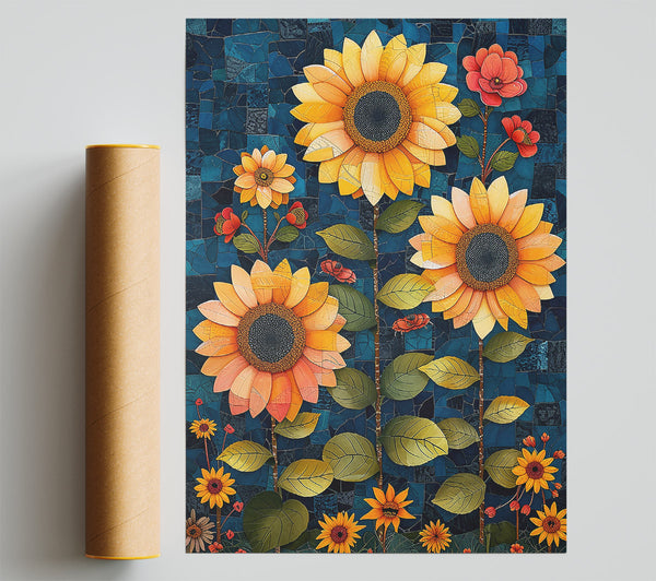 Mosaic Sunflowers In Teal