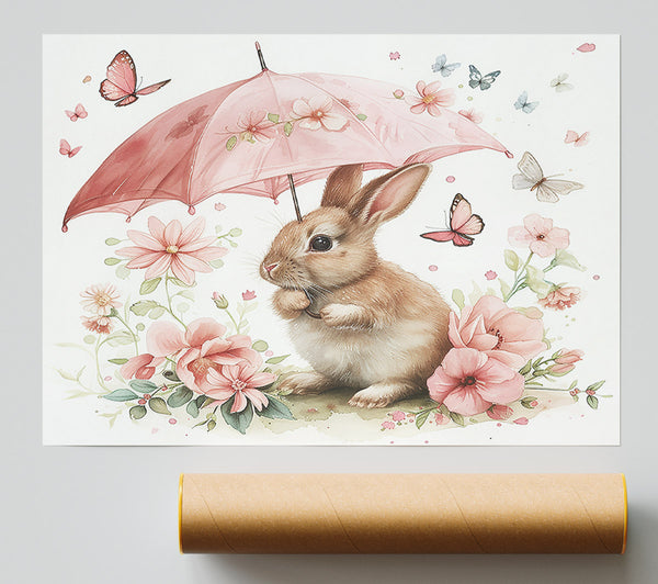 Pink Bunny Under Umbrella