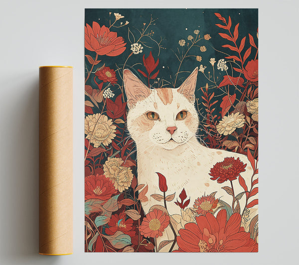 Crimson Cat Among Flowers